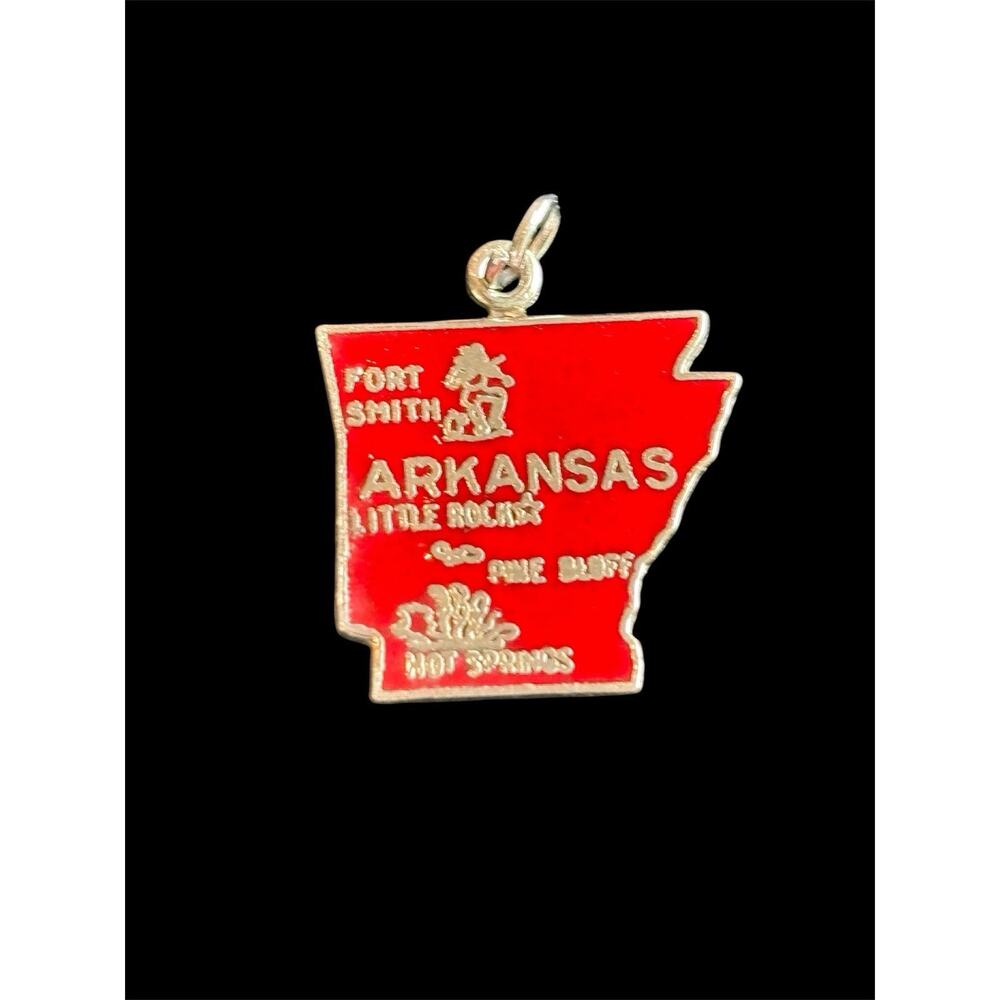 Vtg Sterling Silver Red Enamel Arkansas State Map Charm 925